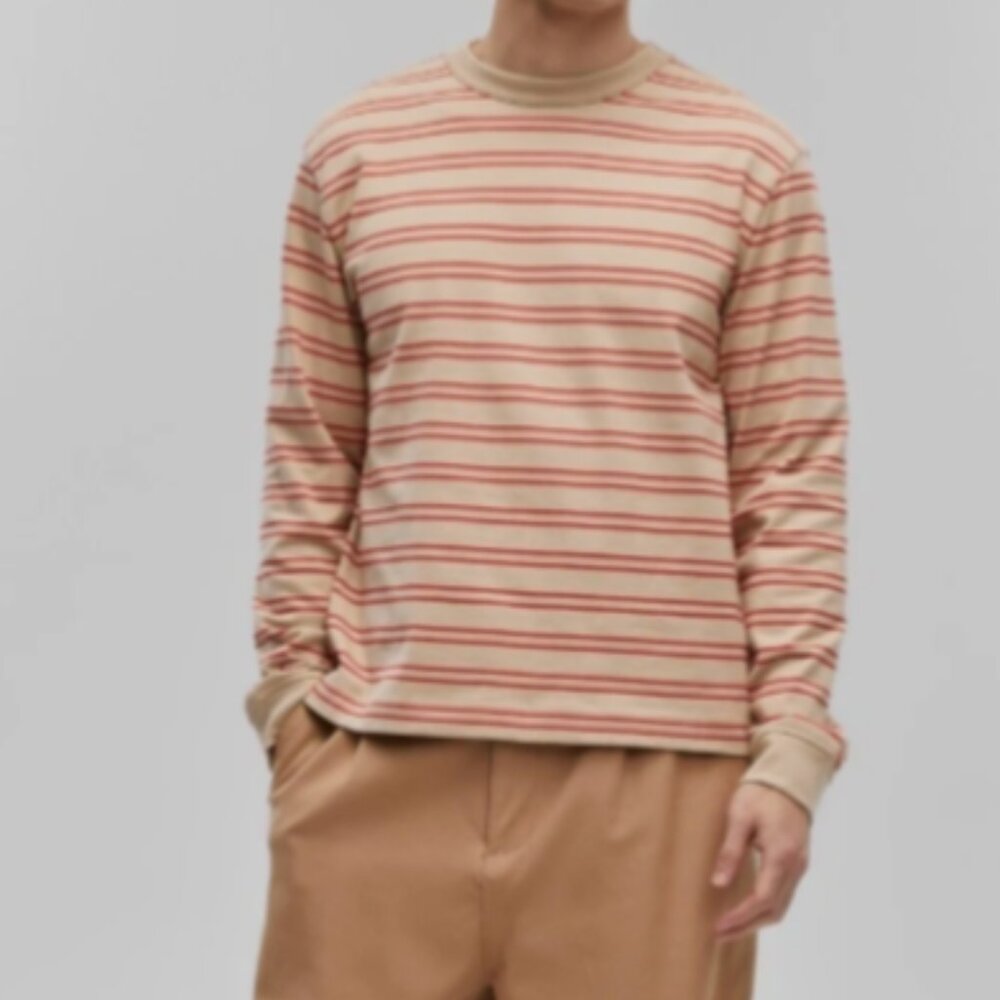 Mode of One Mens Long Sleeve Relaxed Stripe Fit TShirt in Cinnamon Brulee Size M